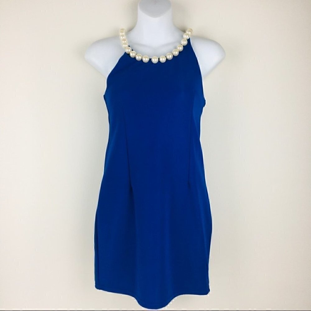 Vintage royal blue Pearl Neckline Mini Dress